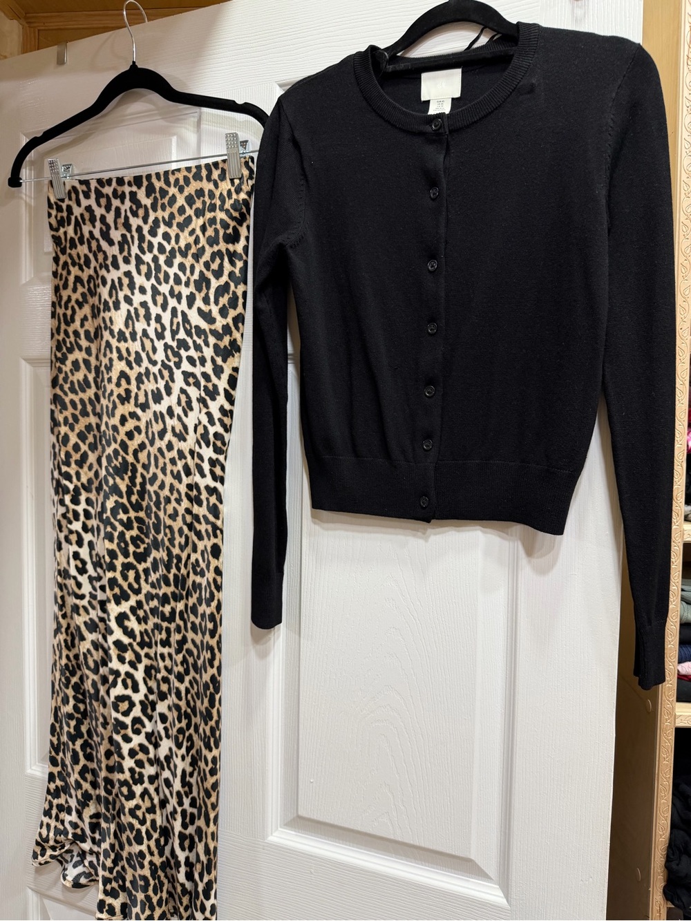 Leopard Print Satin Maxi Skirt - Beige & Black with black cardigan